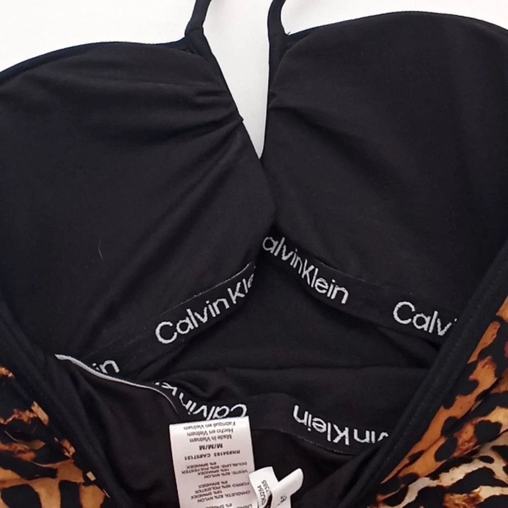 Calvin Klein Animal Print V-Wire‎ Bandeau Halter Tankini Swim Top Jaguar M